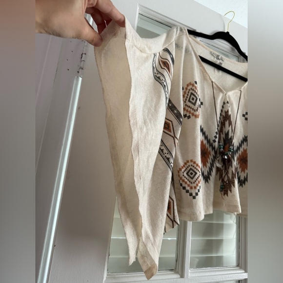 Roxy Cream and Brown Poncho Sweater with Geometric Design - Picture 2 of 3